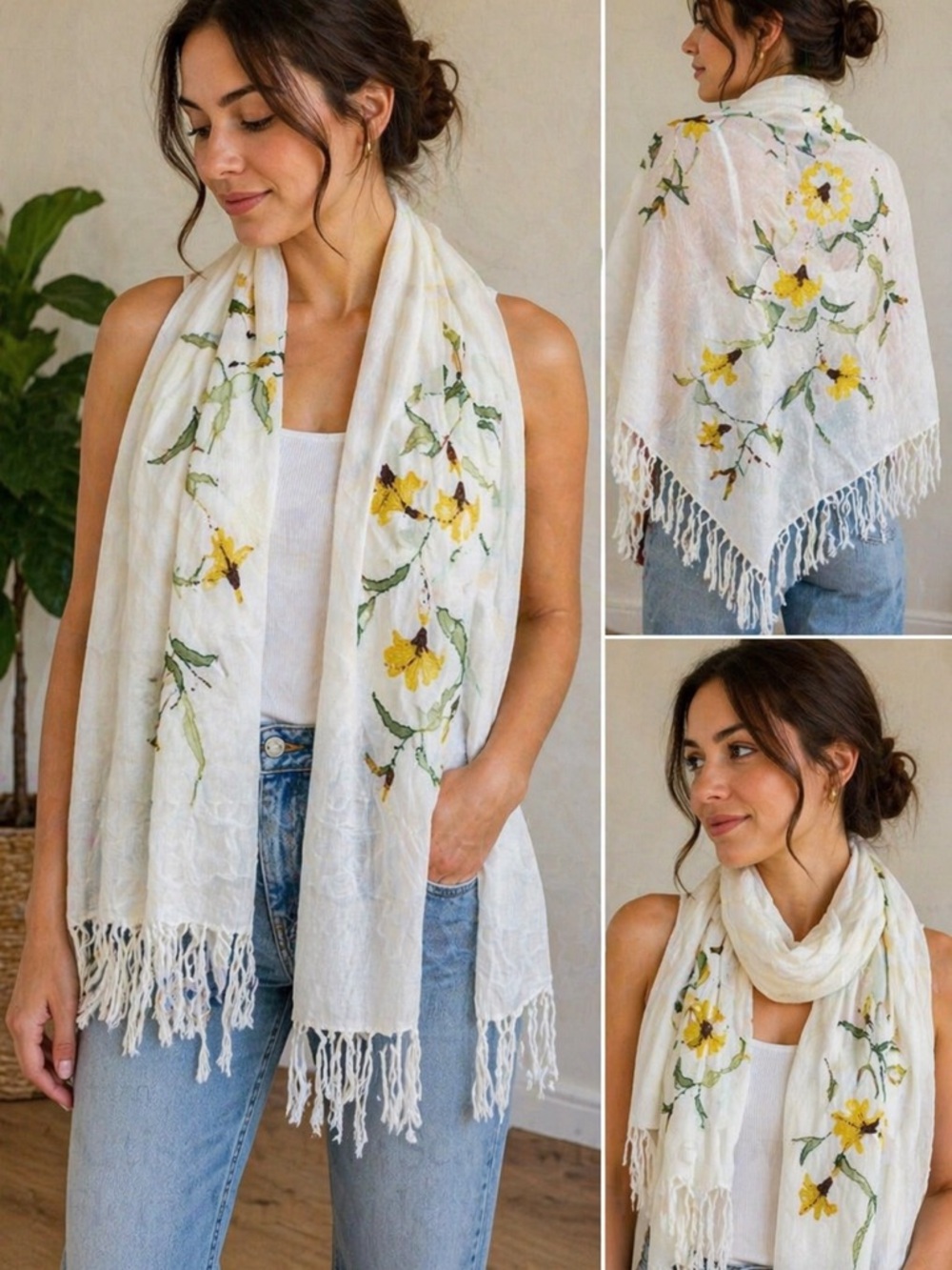 Artisan White Scarf with Yellow Floral Embroidery